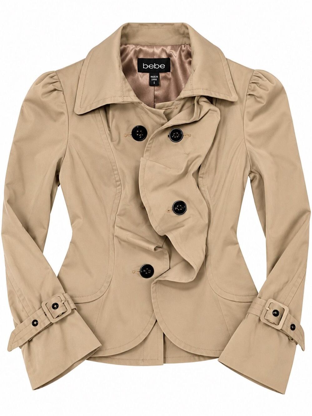 bebe Women’s Small Beige Ruffle Front Trench Jacket Puff Sleeve Belted Cuffs